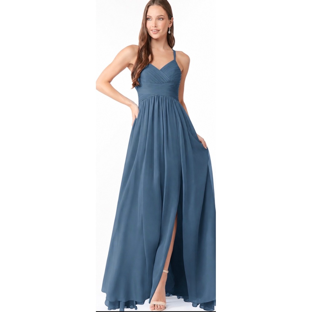 bermuda bridesmaid dresses Azazie | | Azazie Jeanna Dress Blue Chiffon Pleated Strappy Back A8 New She features a square
